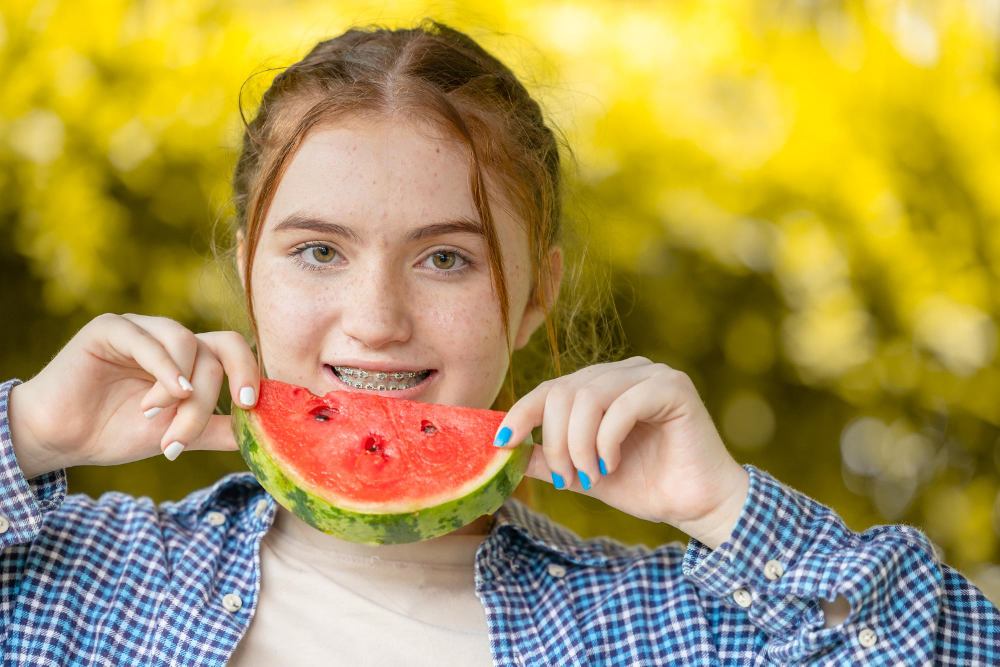 girl with braces eating watermelon